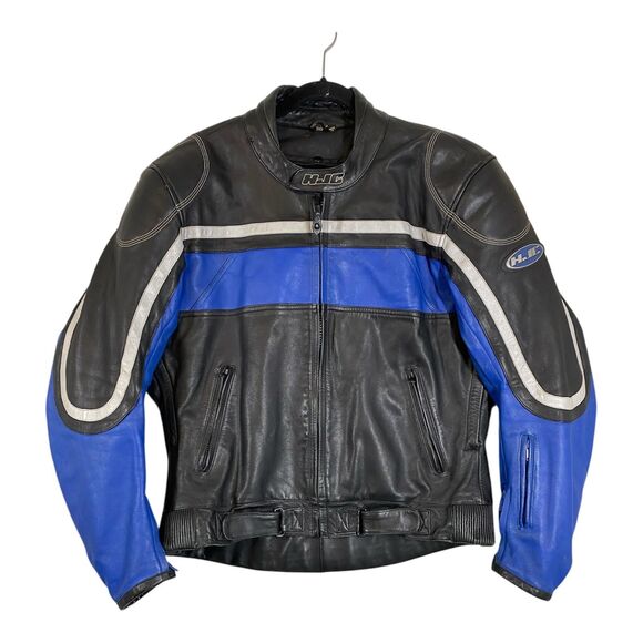 HJC Leather Jacket Mens 50 Black Blue Motorcycle Riding Gear Armor Zip - Picture 1 of 14